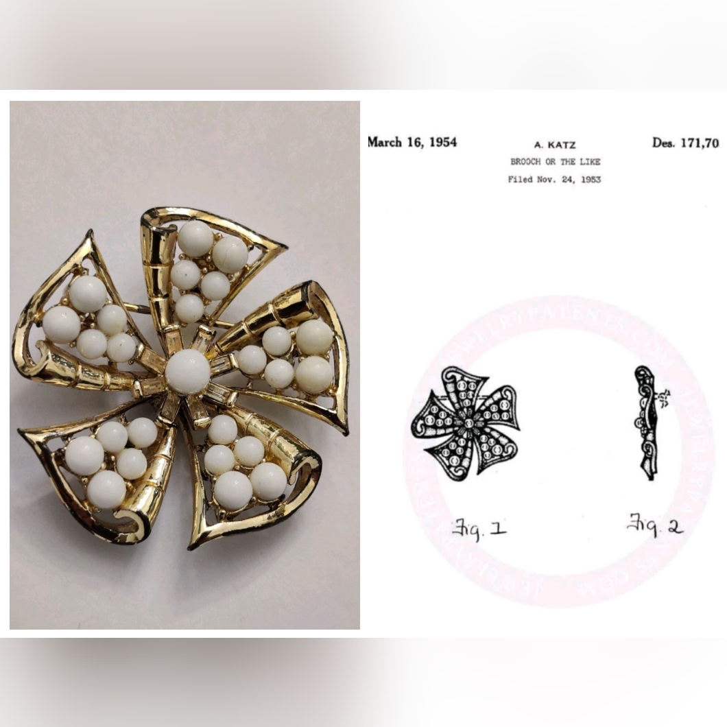 Coro Milk Glass Ruffled Ribbon/Flower Brooch Patent 1954 A Katz